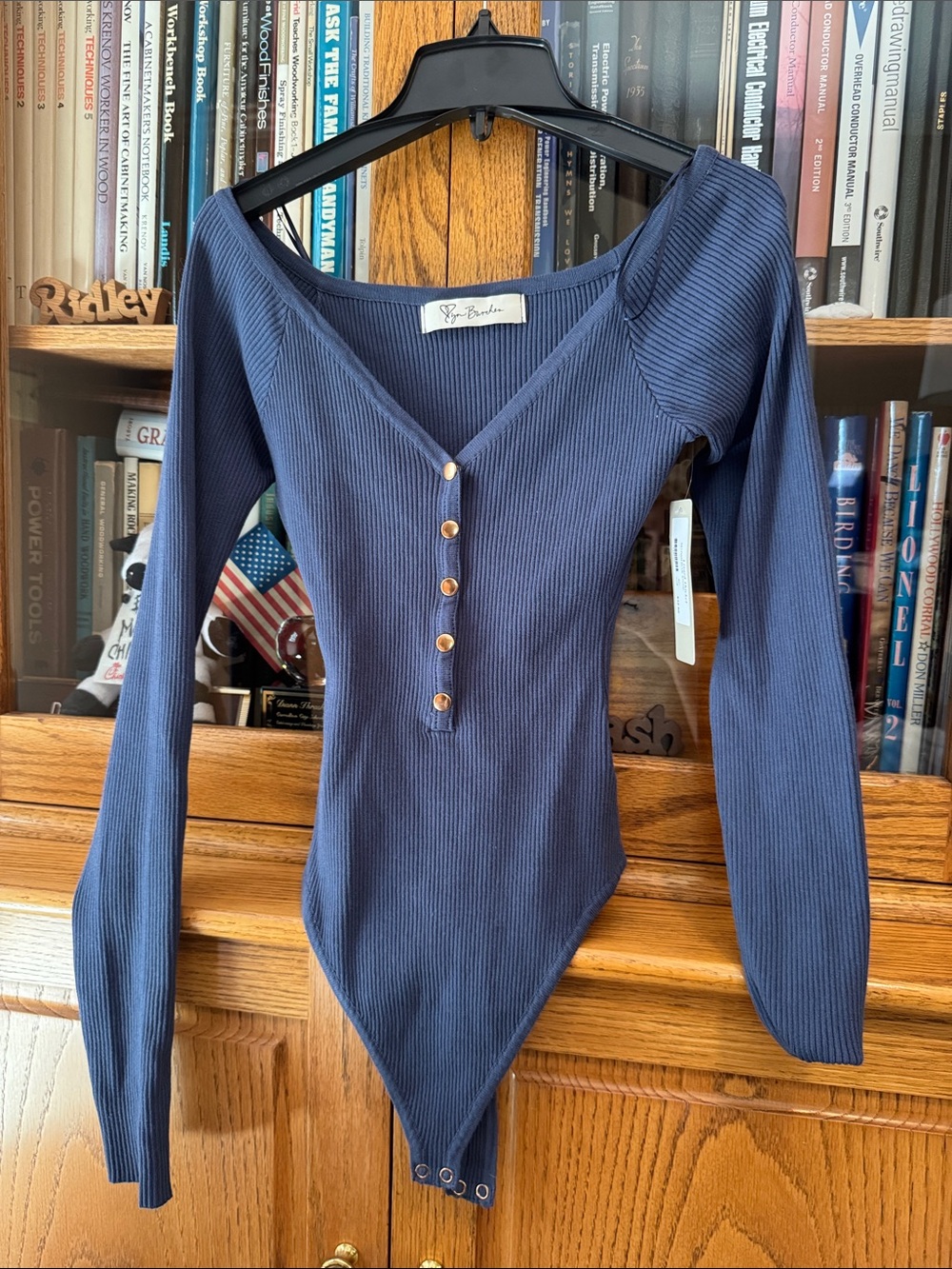 Lizard Thicket Navy Ribbed V‑Neck Henley Long‑Sleeve Bodysuit